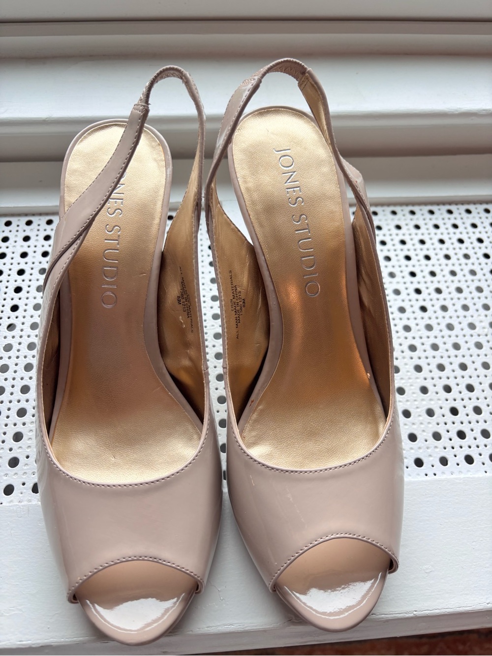 Jones Studio Nude Patent Peep-Toe Slingback Heels